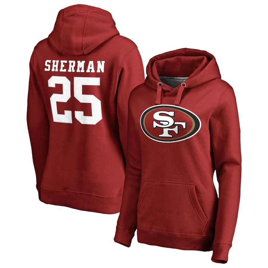 Women San Francisco 49ers #25 Richard Sherman NFL Pro Line by Fanatics Branded Red Player Icon Name & Number Pullover Hoodie->women nfl jersey->Women Jersey